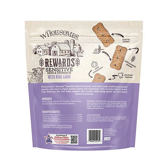Talis Us Wholesomes Rewards Sensitive Skin Dog Biscuits with Real Lamb, featuring a beige bag with biscuit images and nutriti