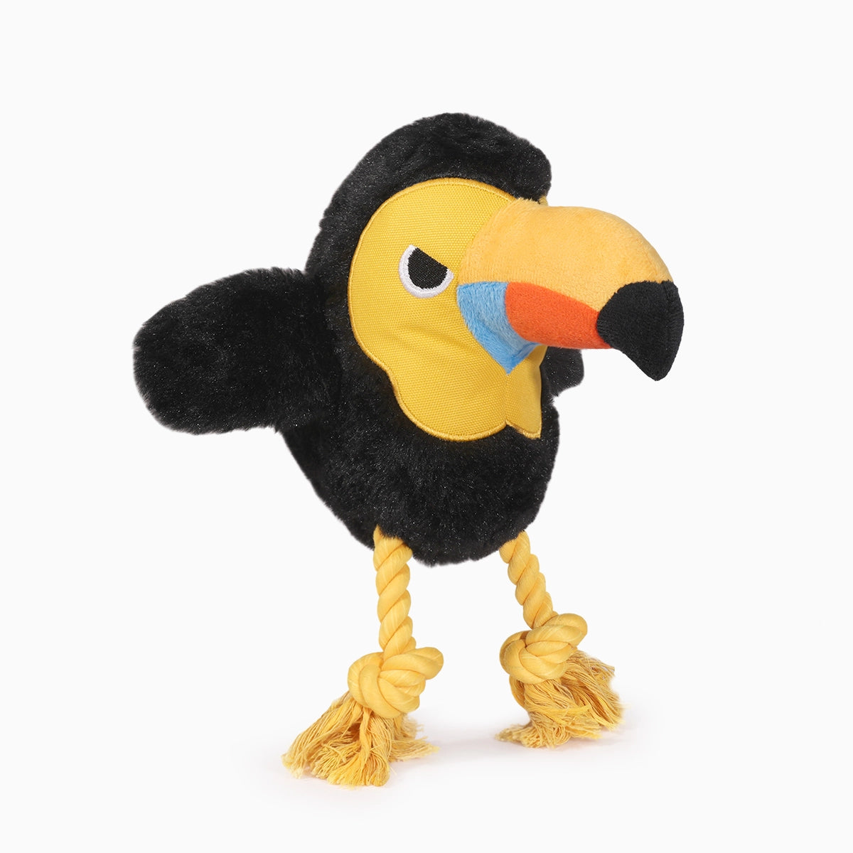 Hugsmart Pet Jungle Tails toucan dog plush toy with black fur, yellow face, and yellow rope legs.