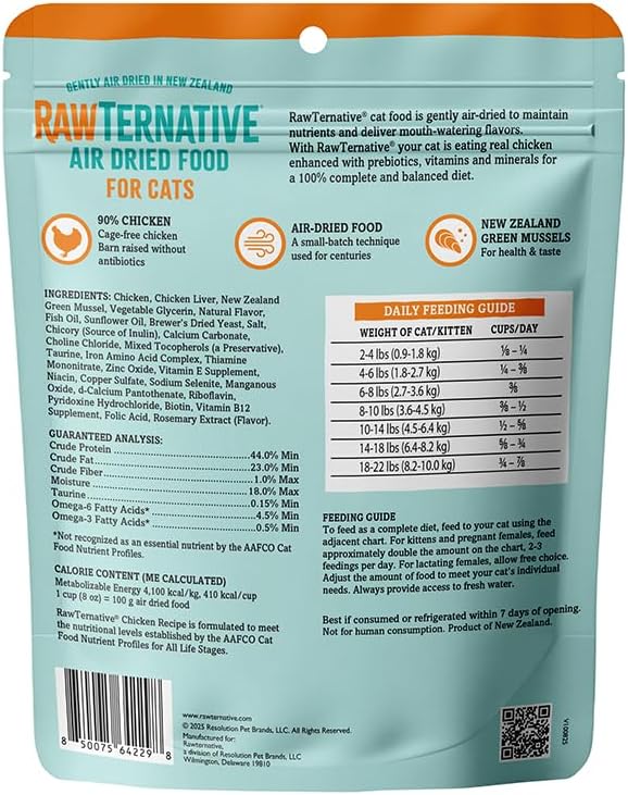 Back of teal air-dried chicken cat food pouch showing ingredients, feeding guide, and nutritional analysis for cats.