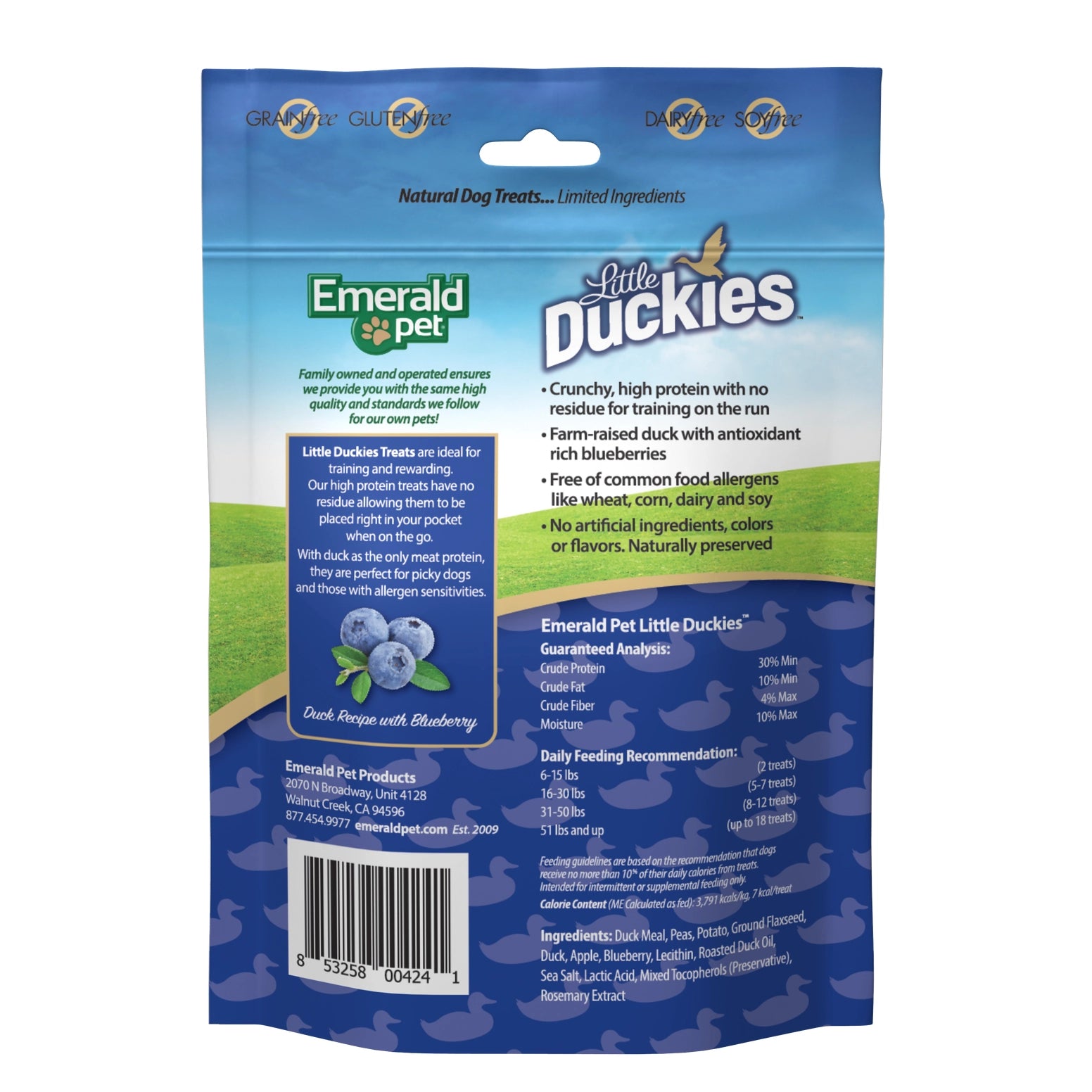 Emerald Pet Grain-Free Little Duckies dog treats, 5 oz bag, featuring duck and blueberry, with nutritional info and feeding g