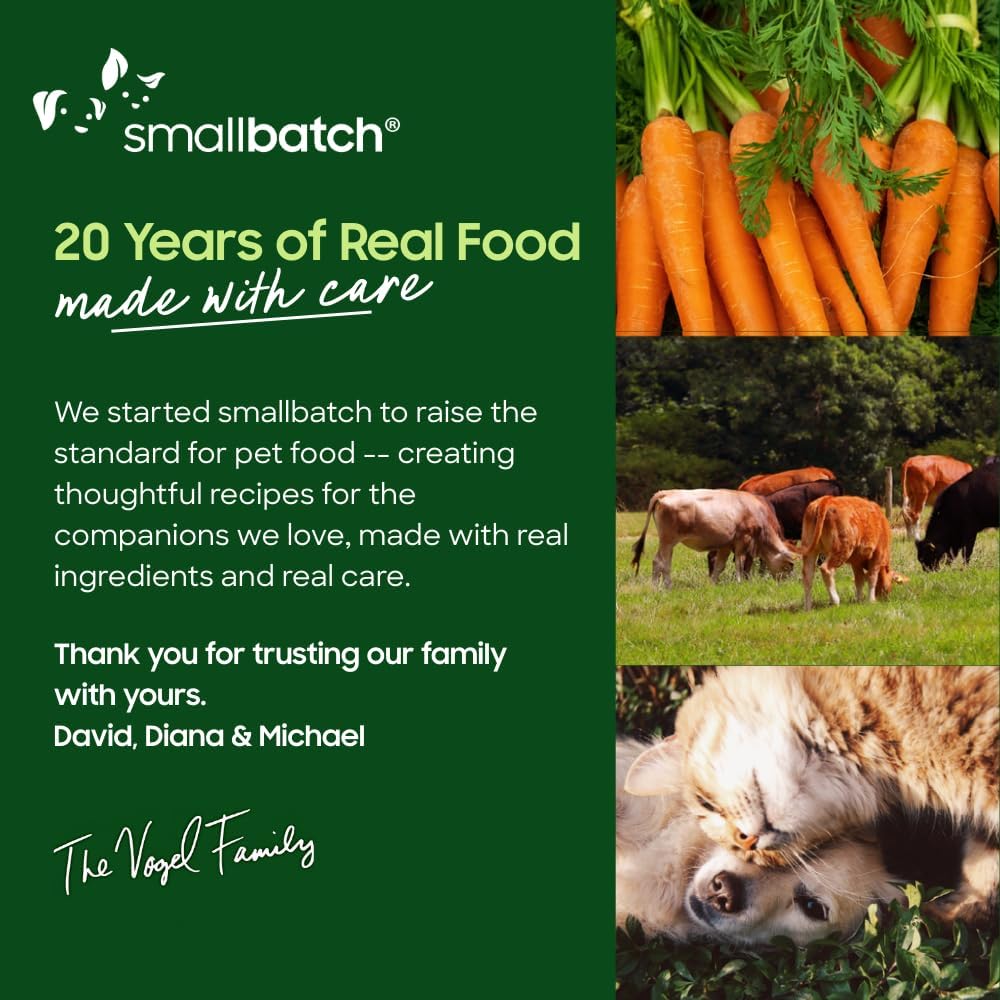 Smallbatch brand message featuring carrots, grazing cattle, and a dog and cat cuddling.