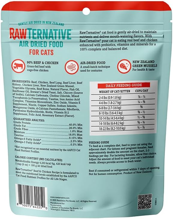 Back of the air dried beef chicken cat food pouch showing ingredients, feeding guide, and nutrition details.