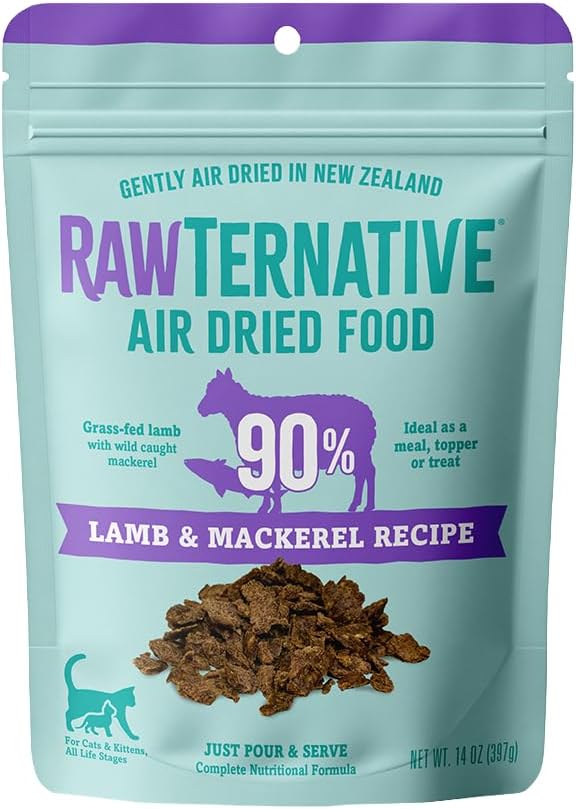 Turquoise pouch of air-dried lamb and mackerel cat food, with purple accents and visible bite-size pieces.