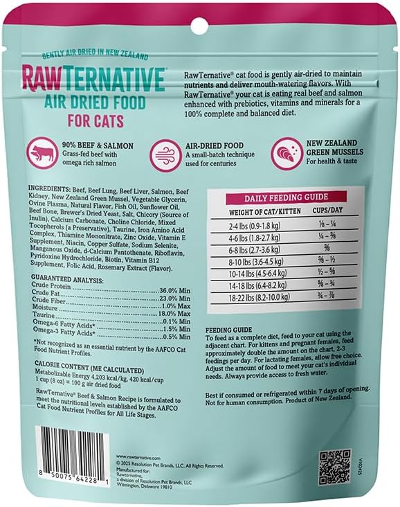 Back of the teal air dried beef salmon cat food pouch, showing ingredients, nutrition facts, and feeding directions.