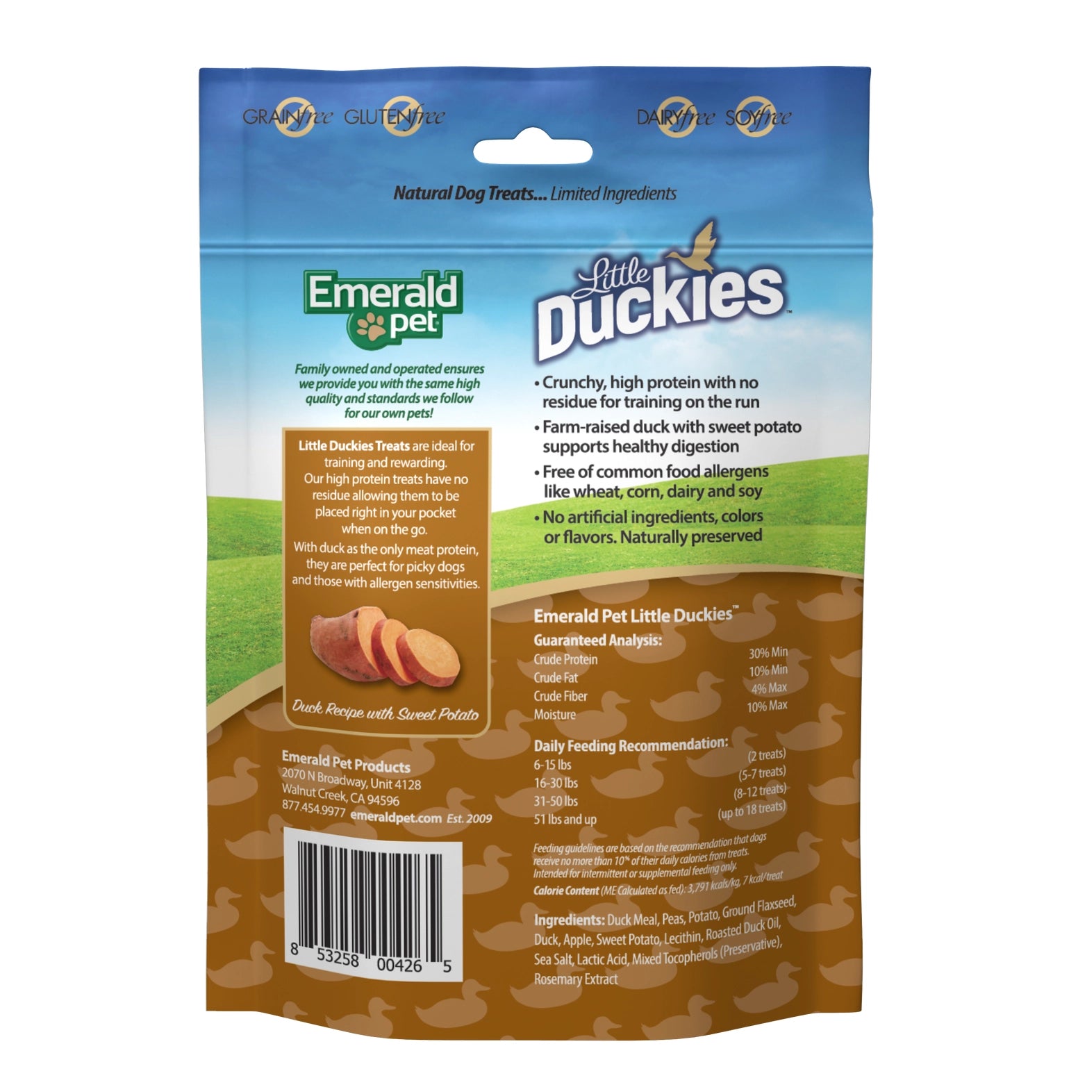 Emerald Pet Grain-Free Little Duckies dog treats, 5 oz package, featuring duck and sweet potato, with a colorful, informative