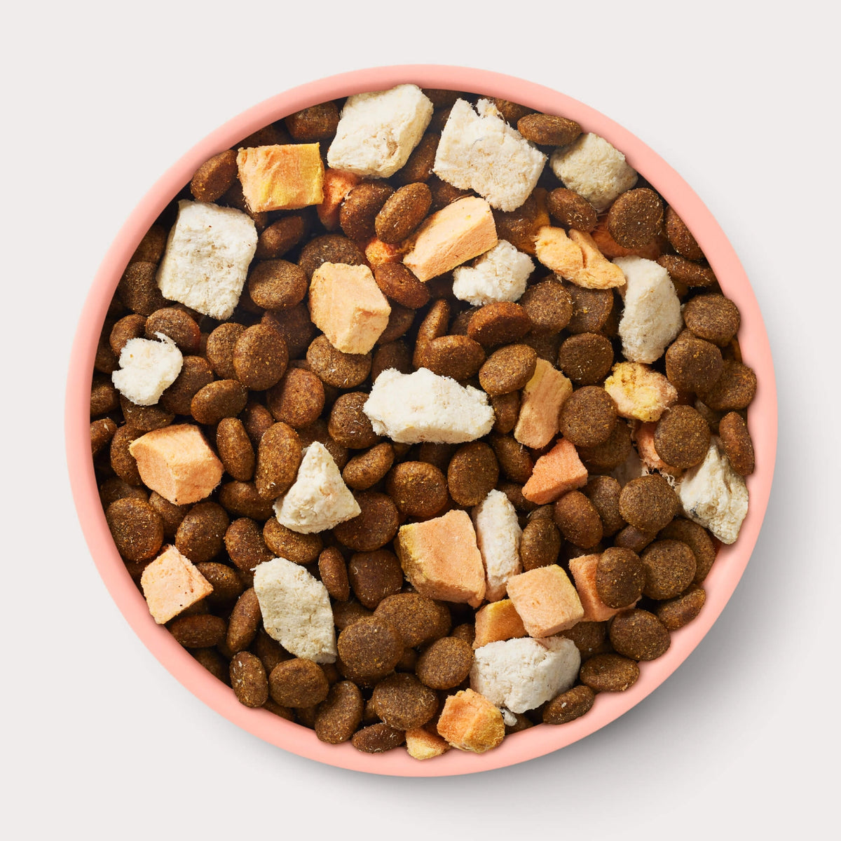 Top view of kibble and freeze-dried ocean fish and salmon chunks in a pink bowl for natural dog food mix