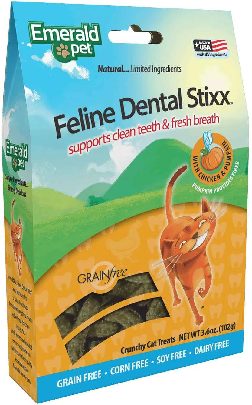 Emerald Pet Feline Dental Stixx grain-free chicken and pumpkin cat treats in a 3.6 oz box.