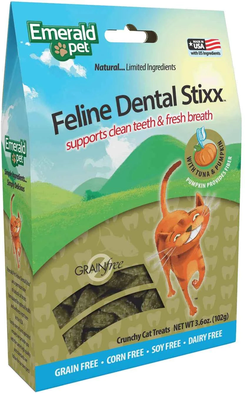 Emerald Pet Feline Dental Stixx grain-free tuna and pumpkin cat treats in a 3.6-ounce box.