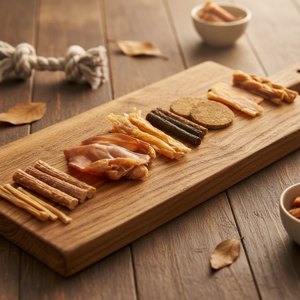 Assortment of natural dog treats arranged on wooden board with chew sticks, biscuits, and dried meat pieces