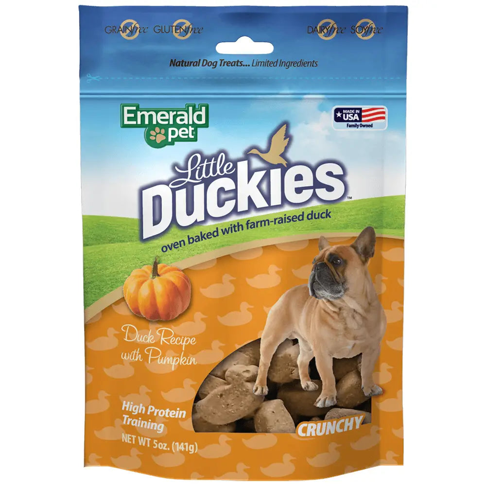 Emerald Pet Grain-Free Little Duckies with Duck & Pumpkin Dog Treats 5 oz package featuring a dog, pumpkin, and crunchy treat
