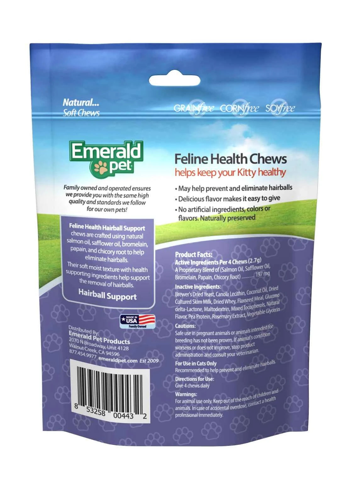 Back of a blue and green bag of Emerald Pet Feline Health grain-free soft chews for cats.