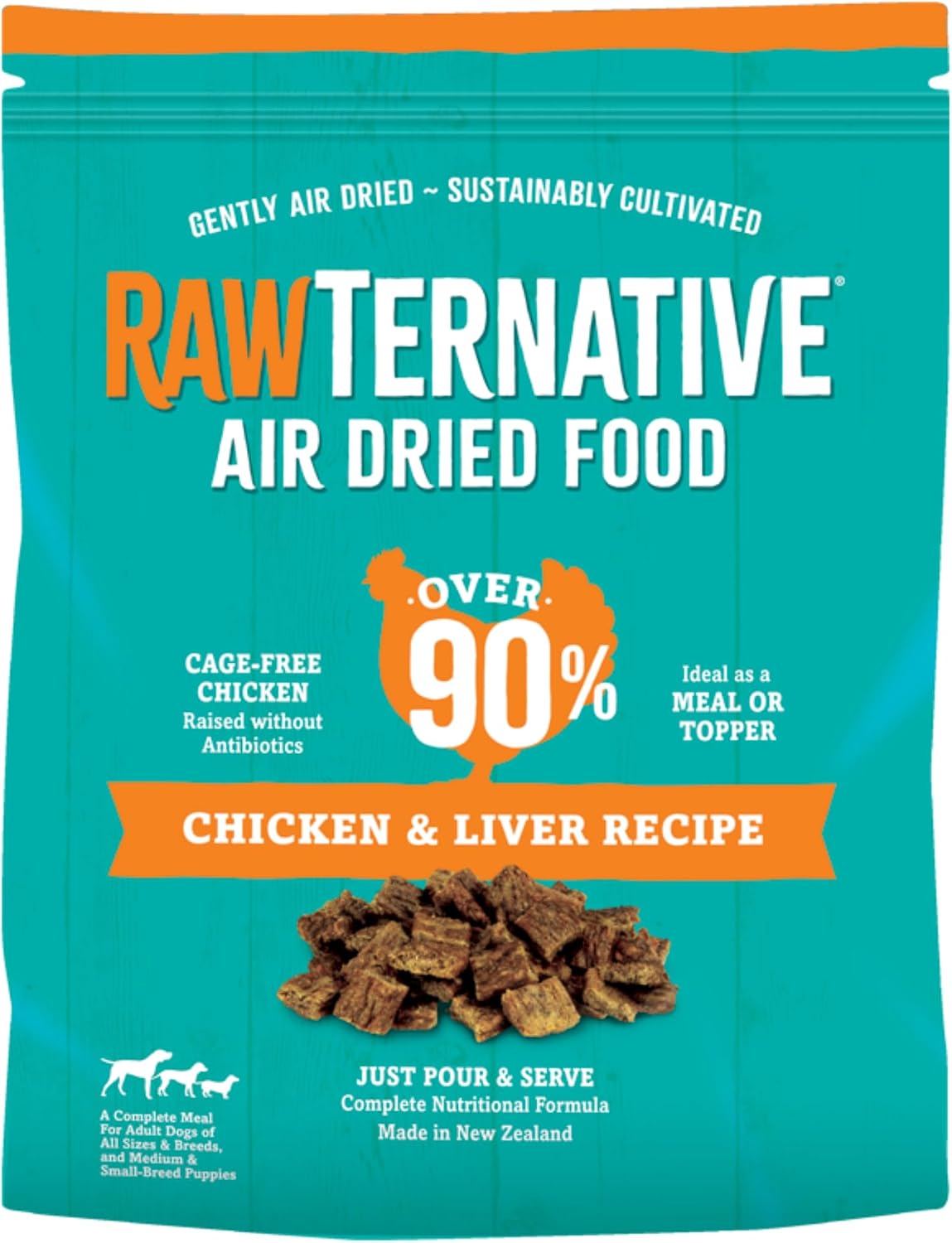 Teal RawTernative air-dried chicken dog food pouch with orange trim, liver recipe, and visible bite-size pieces