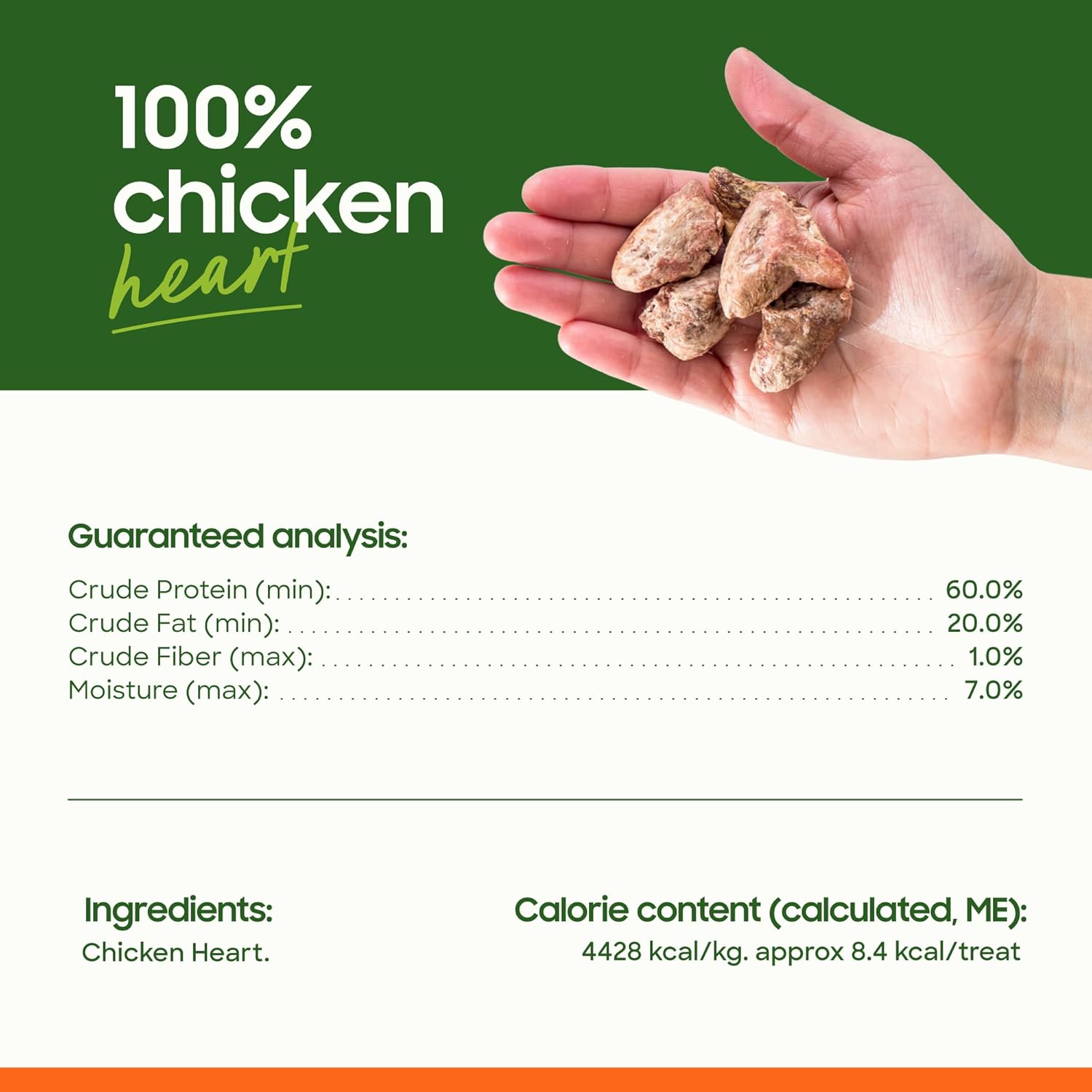 100% chicken heart freeze-dried treats with guaranteed analysis and calorie content information.