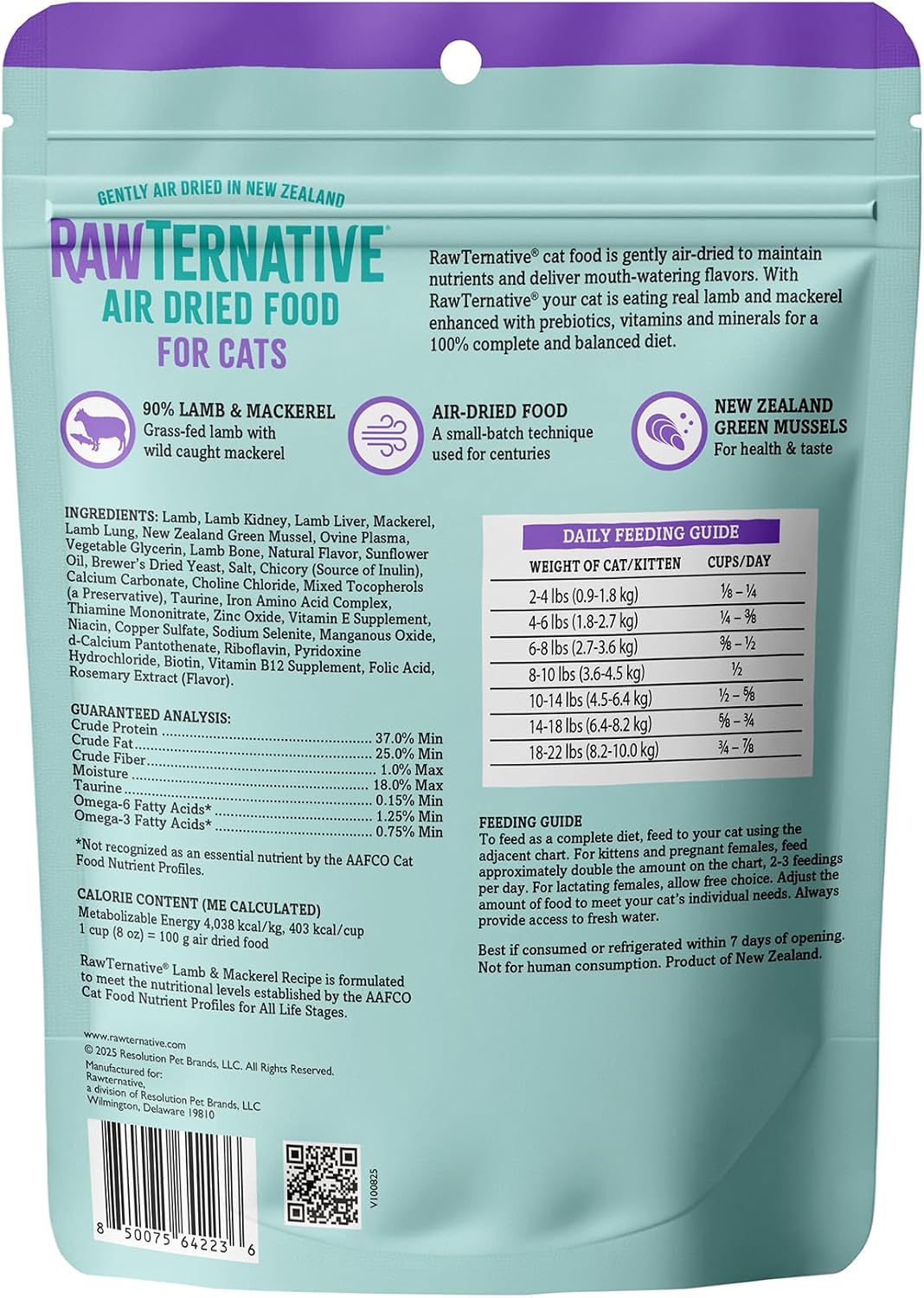Back of turquoise lamb and mackerel cat food pouch showing ingredients, feeding guide, nutrition details, and barcode.