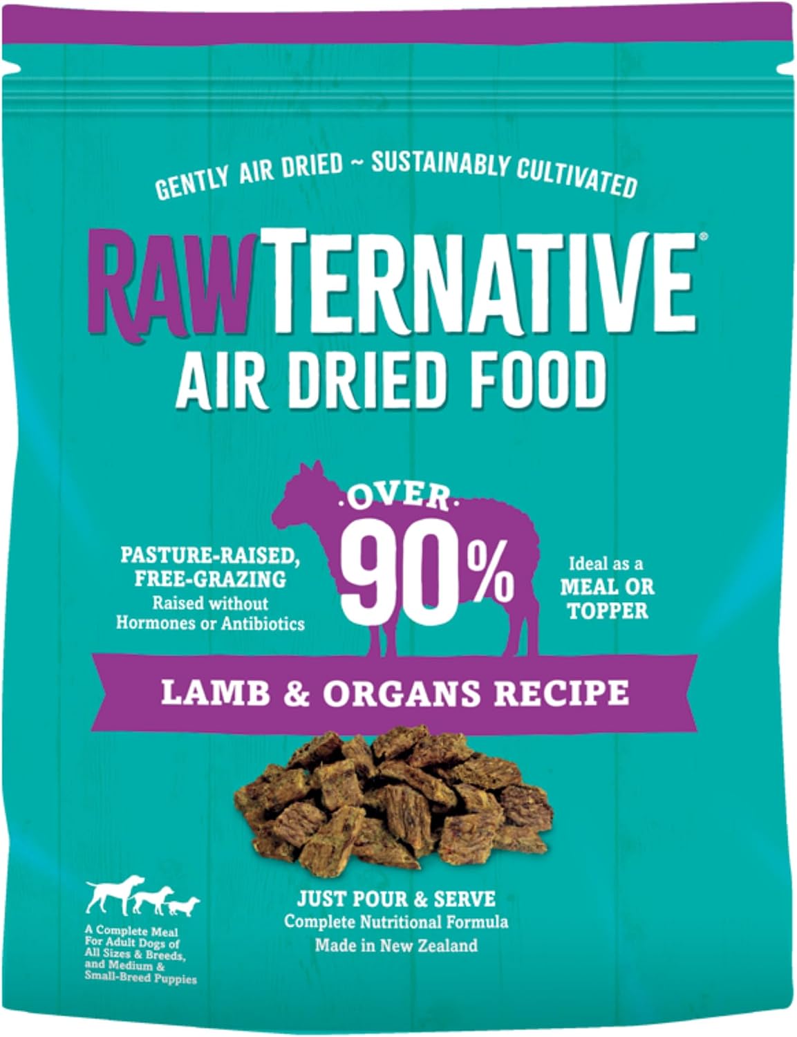 Teal pouch of air dried lamb dog food with lamb organs, featuring chunky pieces and a convenient pour-and-serve recipe.