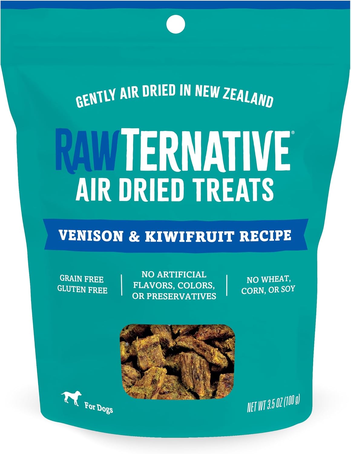 Teal 3.5 oz pouch of air-dried venison dog treats with kiwifruit, showing chewy brown pieces through a clear window