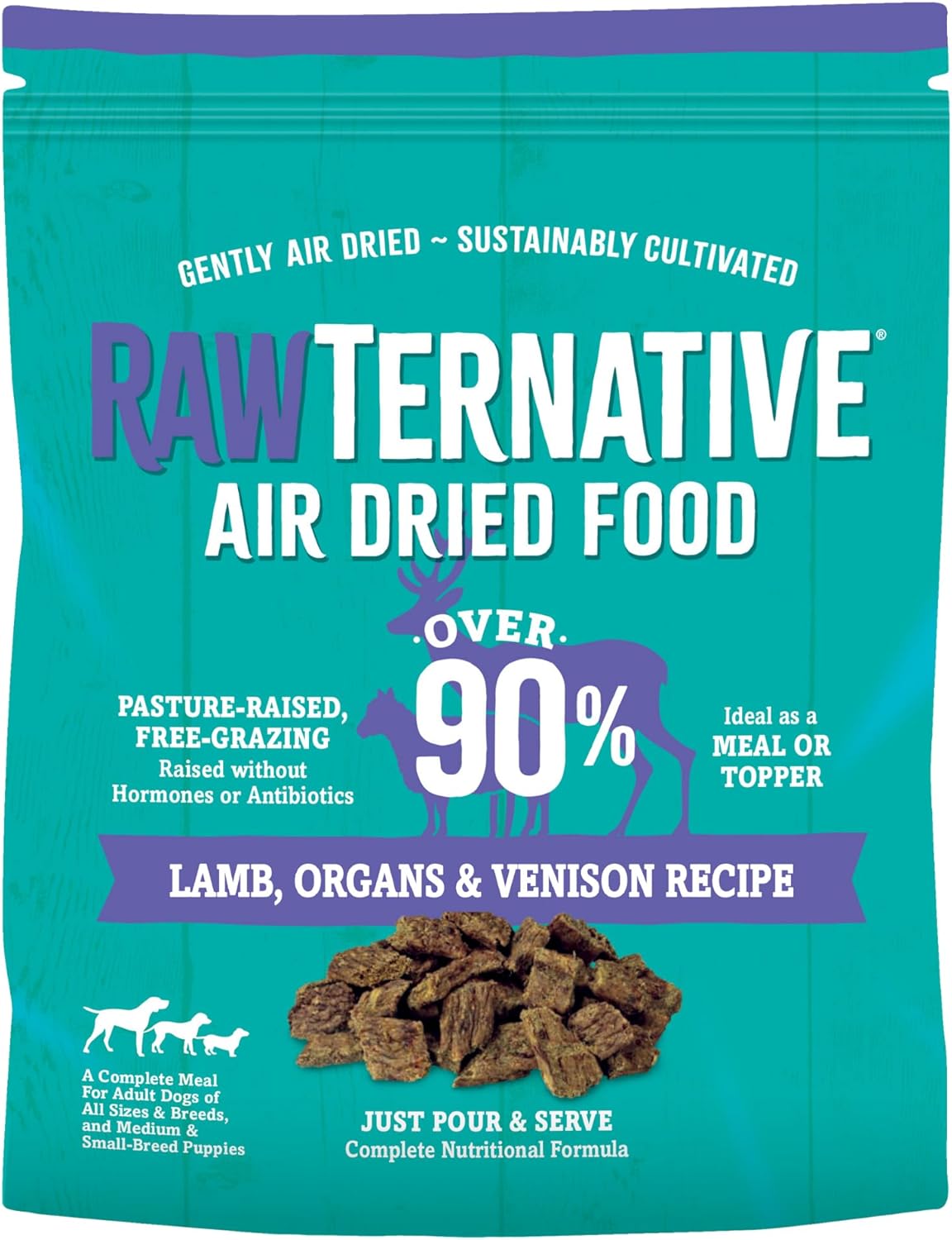 Turquoise RawTernative air dried lamb dog food pouch with purple trim, venison recipe label, and brown food pieces