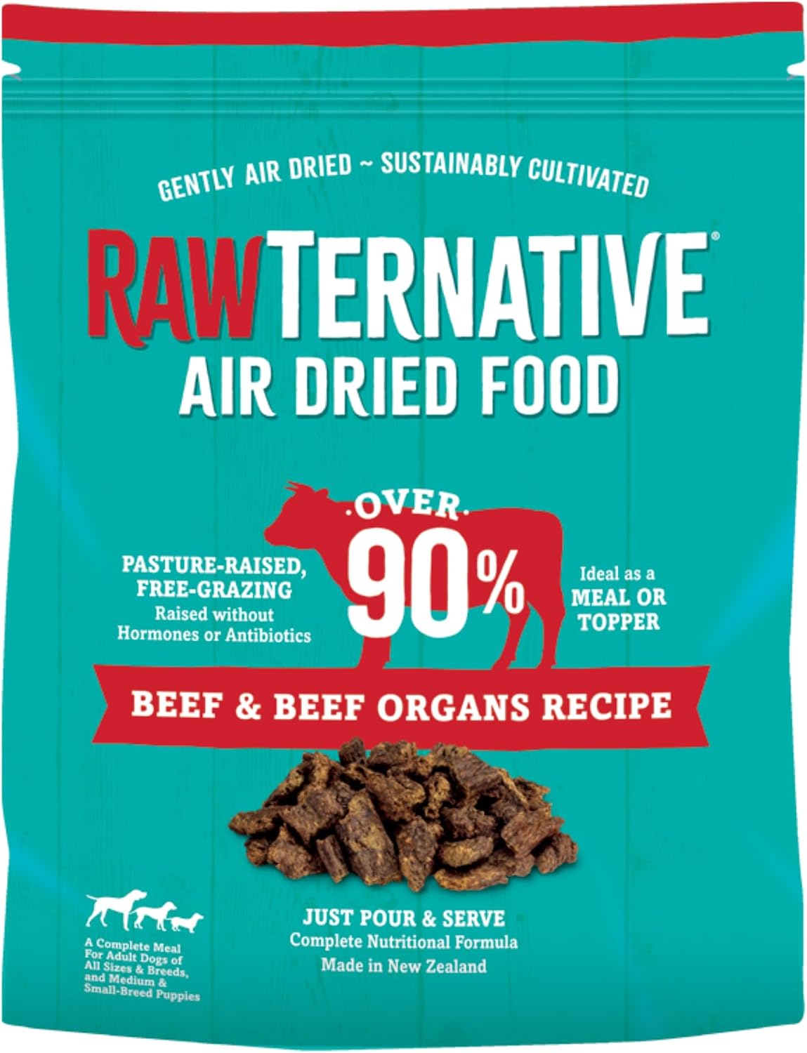 Teal pouch of air-dried beef dog food with beef organs, featuring chunky pieces and a pour-and-serve recipe.