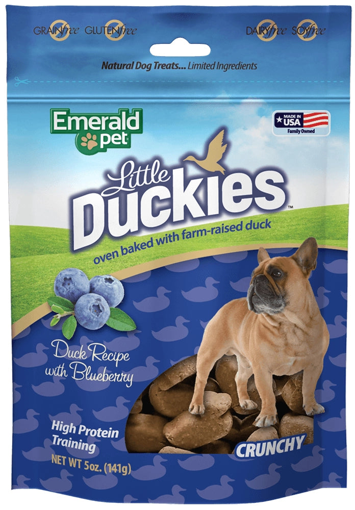 Emerald Pet Grain-Free Little Duckies dog treats, 5 oz bag, featuring duck and blueberry, with a crunchy texture.