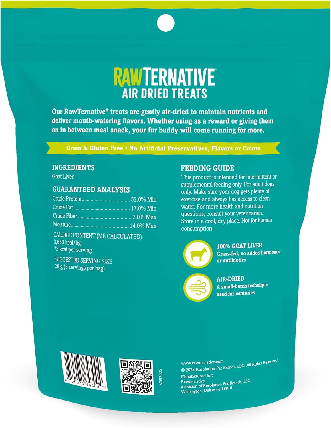 Back of teal air-dried goat liver dog treats pouch showing feeding guide, ingredients, nutrition details, and barcode.