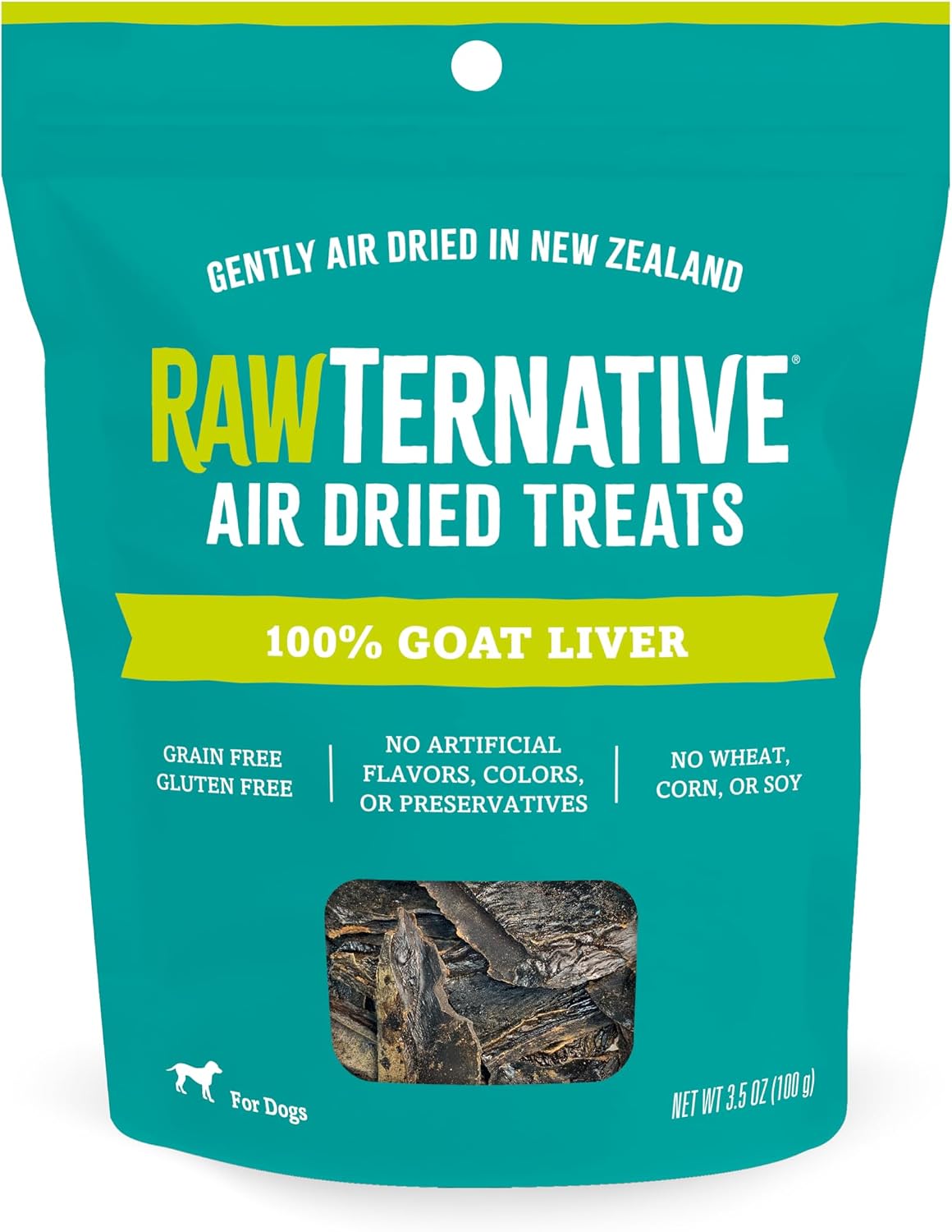 Teal 3.5-ounce pouch of air-dried goat liver dog treats, a crunchy single-ingredient reward made in New Zealand.