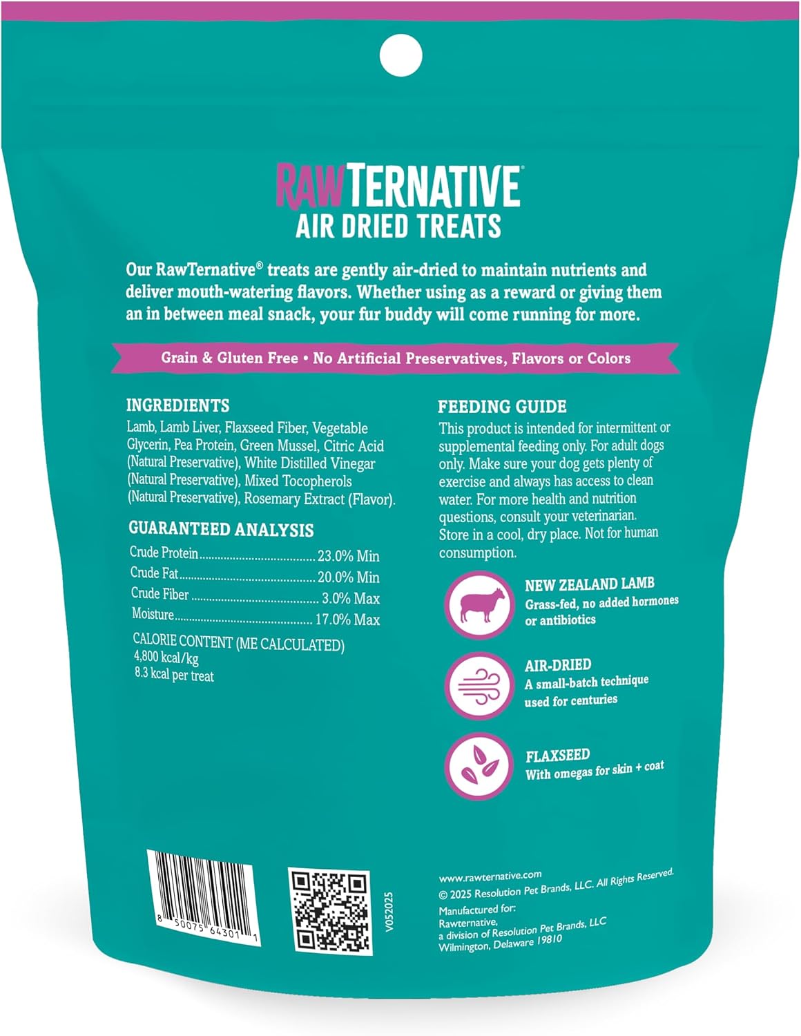 Back of teal air-dried lamb dog treats pouch with green mussel, ingredient list, feeding guide and nutrition details