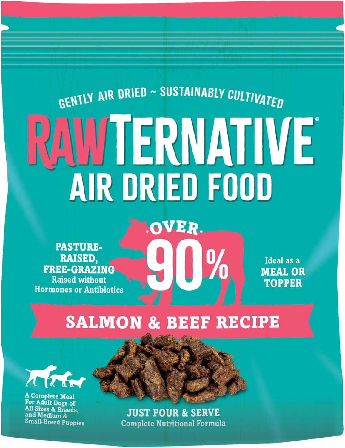 Teal pouch of air-dried salmon and beef dog food with chunky brown pieces, a complete meal or topper for dogs.