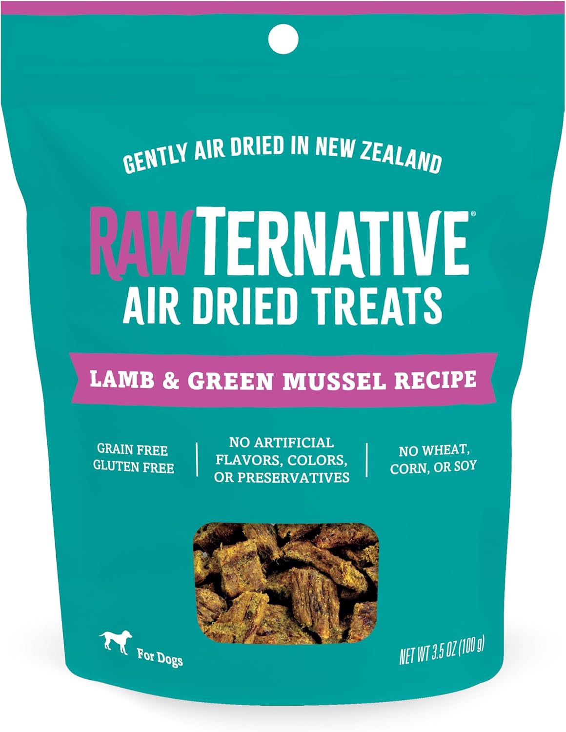 Teal pouch of air-dried lamb dog treats with green mussel, showing chewy brown bites and a 3.5 oz label