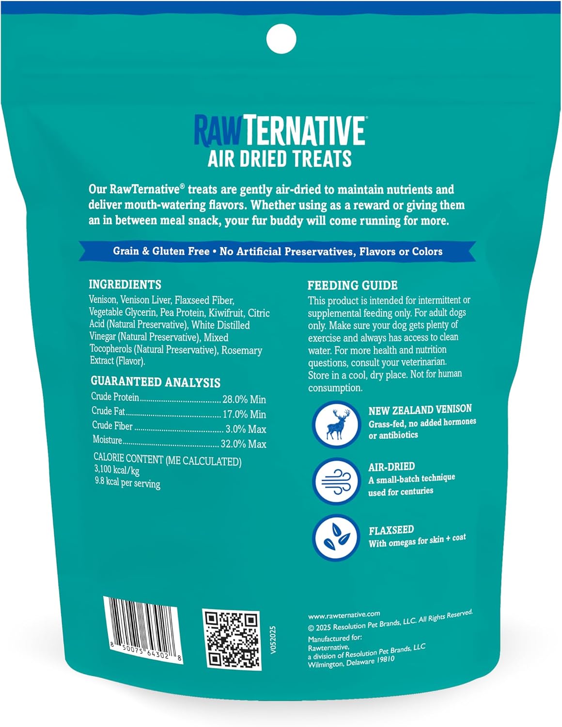 Back of teal air-dried venison dog treats pouch with ingredient list, feeding guide, barcode and QR code