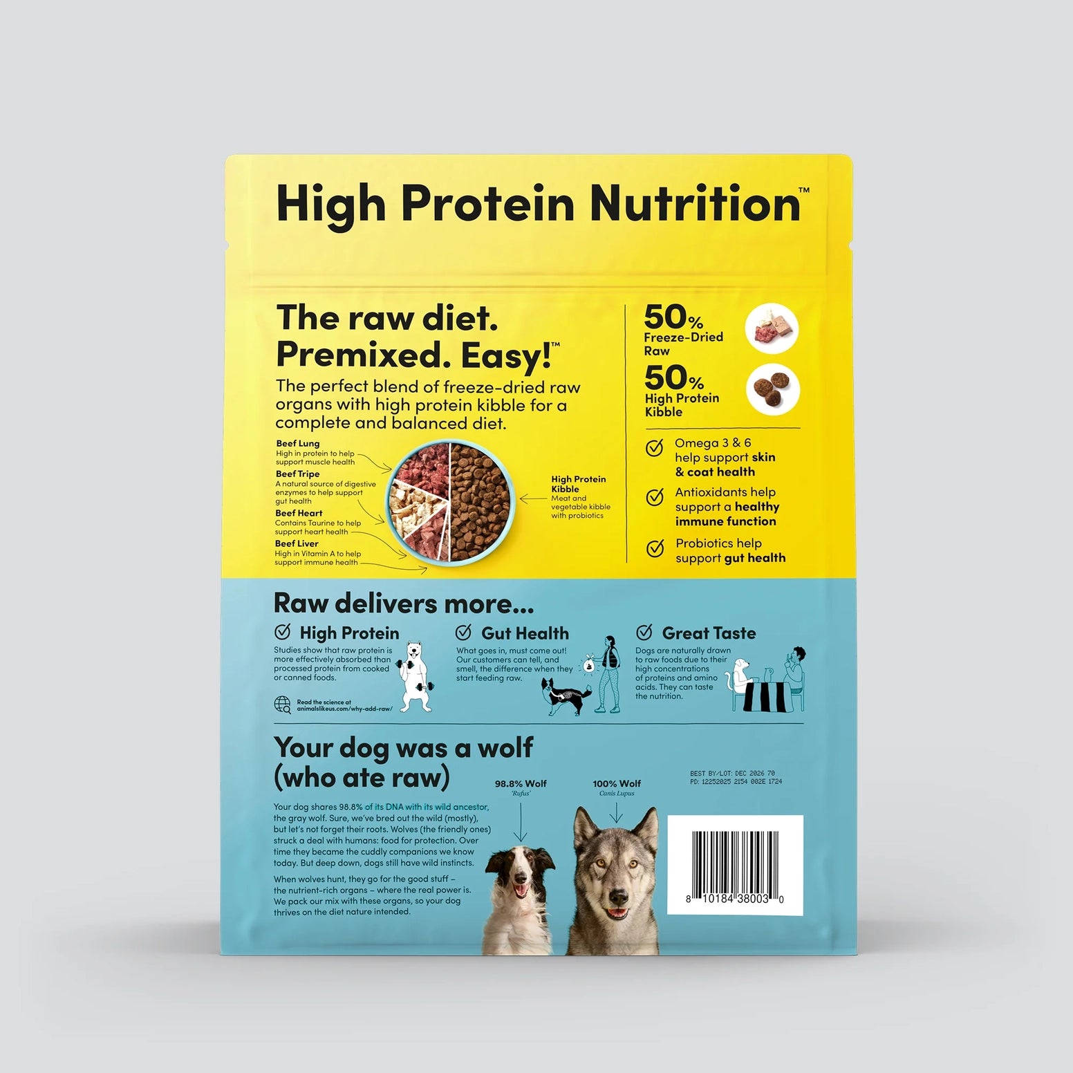 Back of yellow and blue package showing freeze-dried beef organ pieces mixed with high protein kibble and feeding details