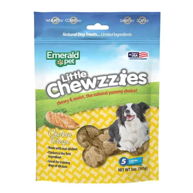 Emerald Pet Little Chewzzies chicken recipe dog treats in a 5-ounce blue and yellow bag.