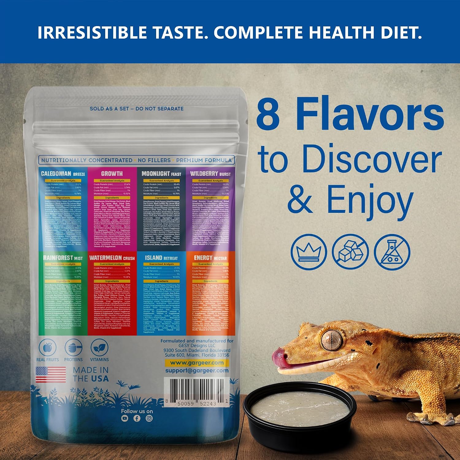 Gargeer Picky Geck Real Fruit & Insect Protein 8 Flavors Sachet Gecko Discovery Kit 2.4oz bag