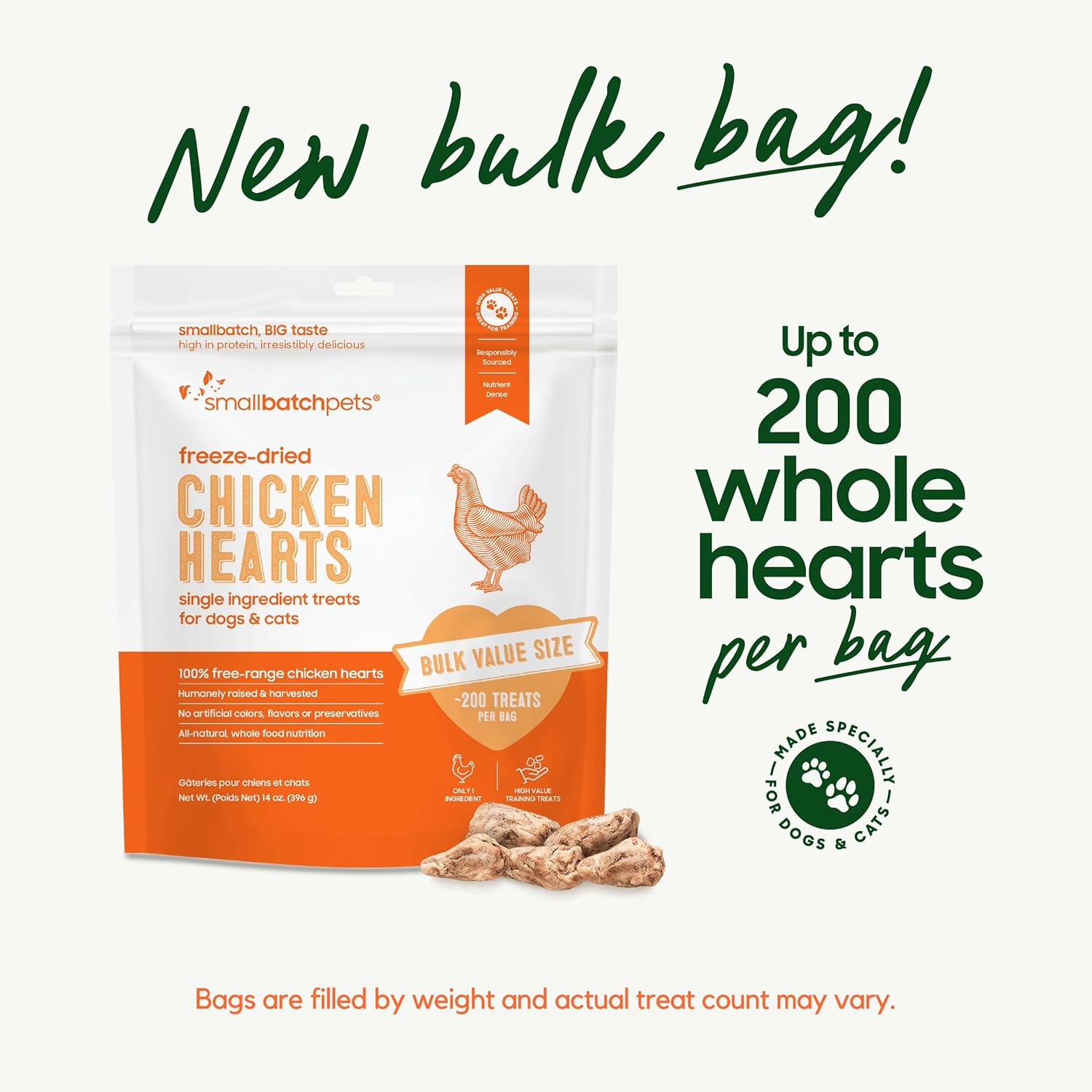 14oz bag of Smallbatch freeze-dried chicken hearts for dogs and cats, containing up to 200 treats.