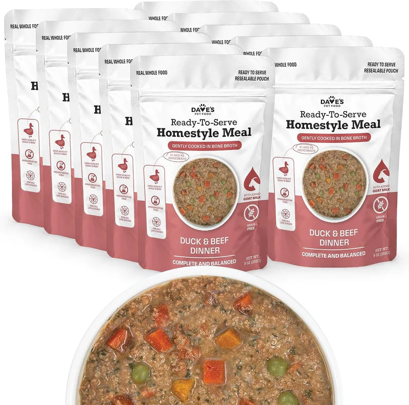 Dave's Homestyle Meal Grain-Free Goat Milk, Duck & Beef Dinner Gently Cooked Dog Food 10 Pack - 9 oz Pouches