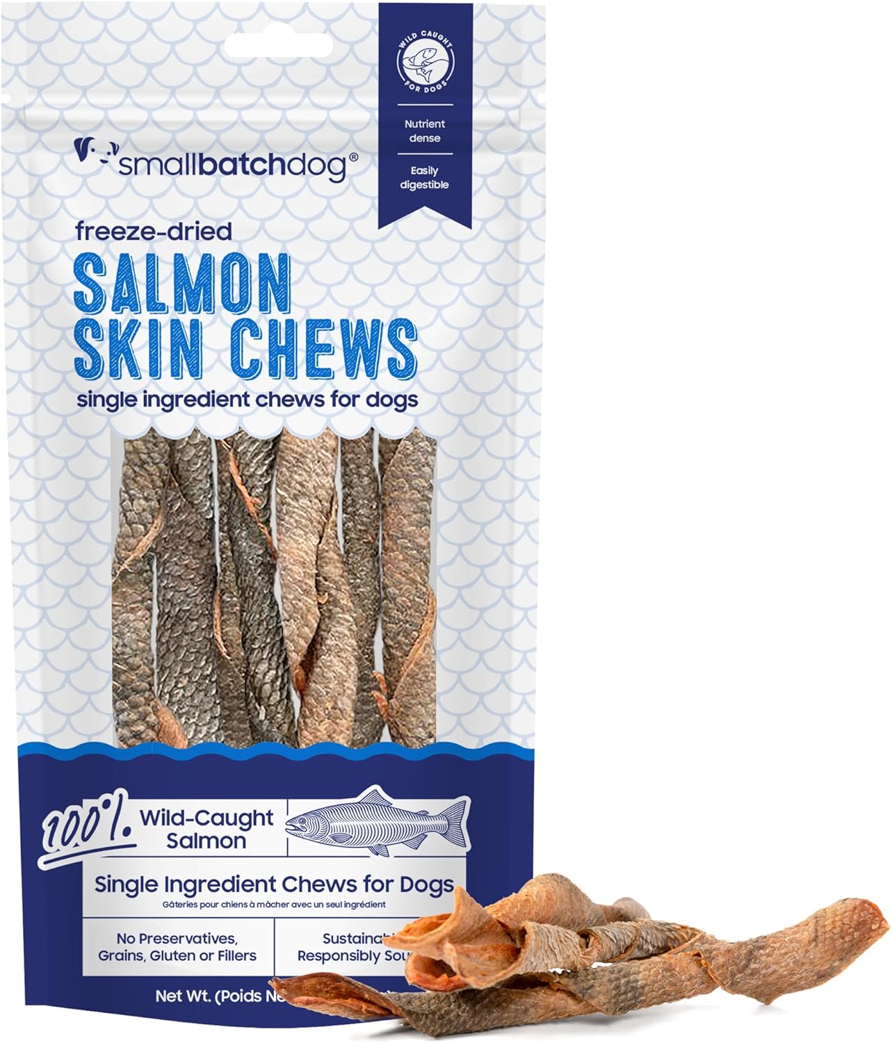 Smallbatch Pets freeze-dried salmon skin chews for dogs in a 2.5oz bag with loose treats in front.