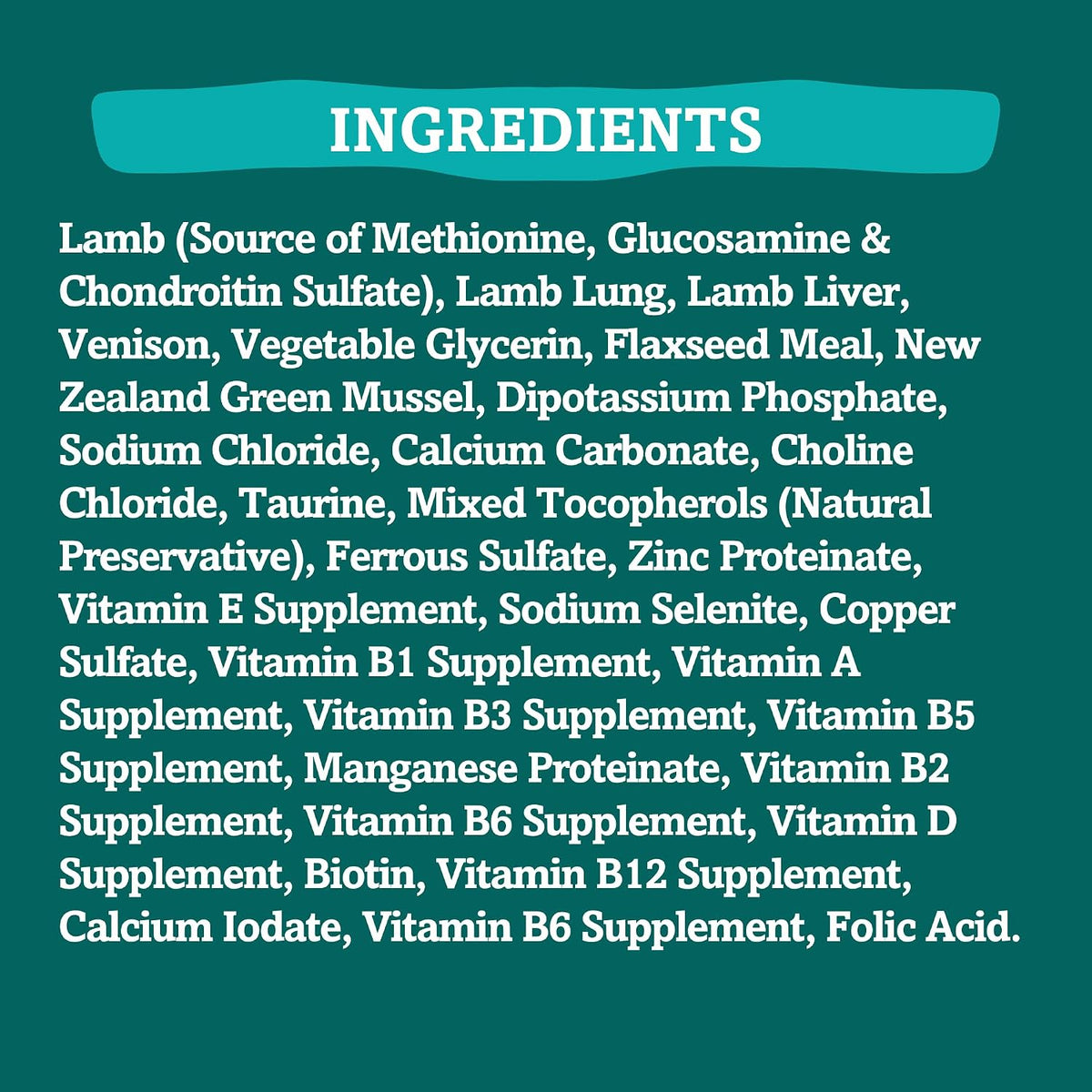 Ingredient list graphic for air dried lamb dog food, featuring lamb, venison, New Zealand green mussels, and vitamins