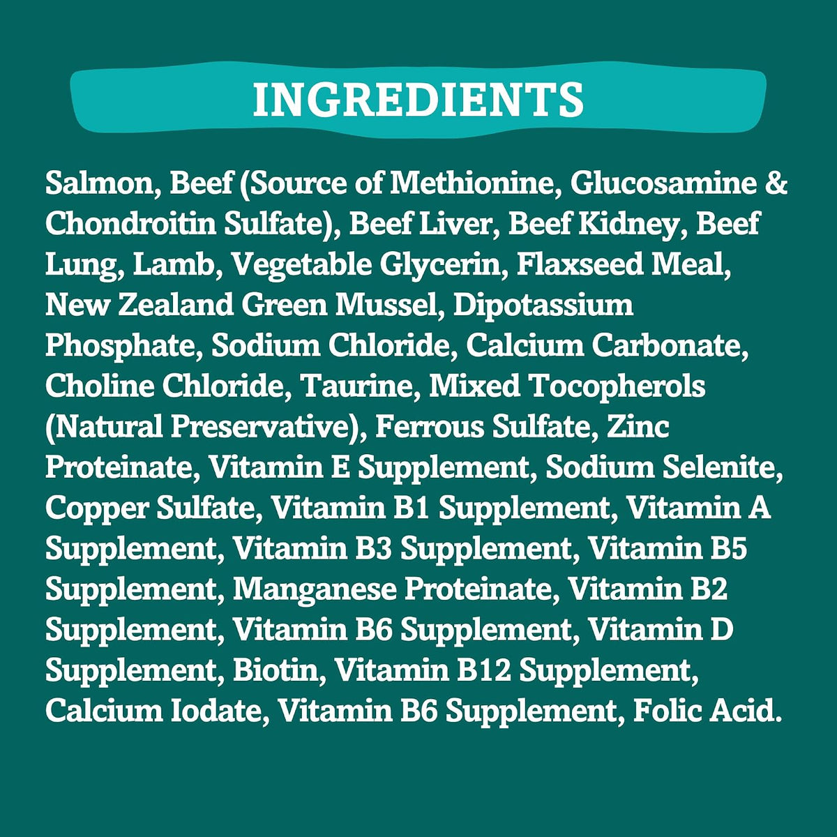Ingredient panel for air-dried salmon and beef dog food, listing New Zealand green mussel, meat, organs, and vitamins.