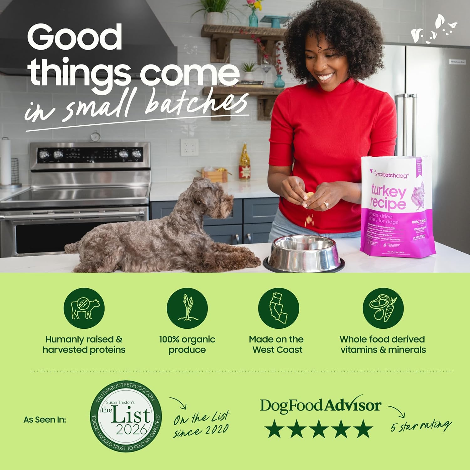 Woman feeding a dog Smallbatch turkey recipe freeze-dried food with quality and rating badges.
