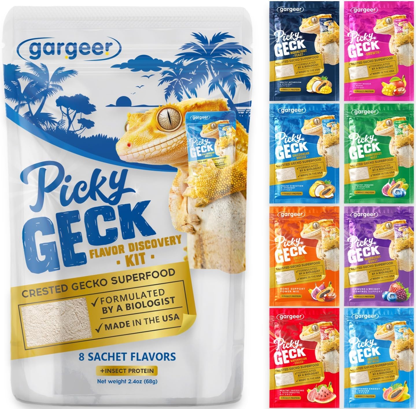 Gargeer Picky Geck Real Fruit & Insect Protein 8 Flavors Sachet Gecko Discovery Kit 2.4oz bag