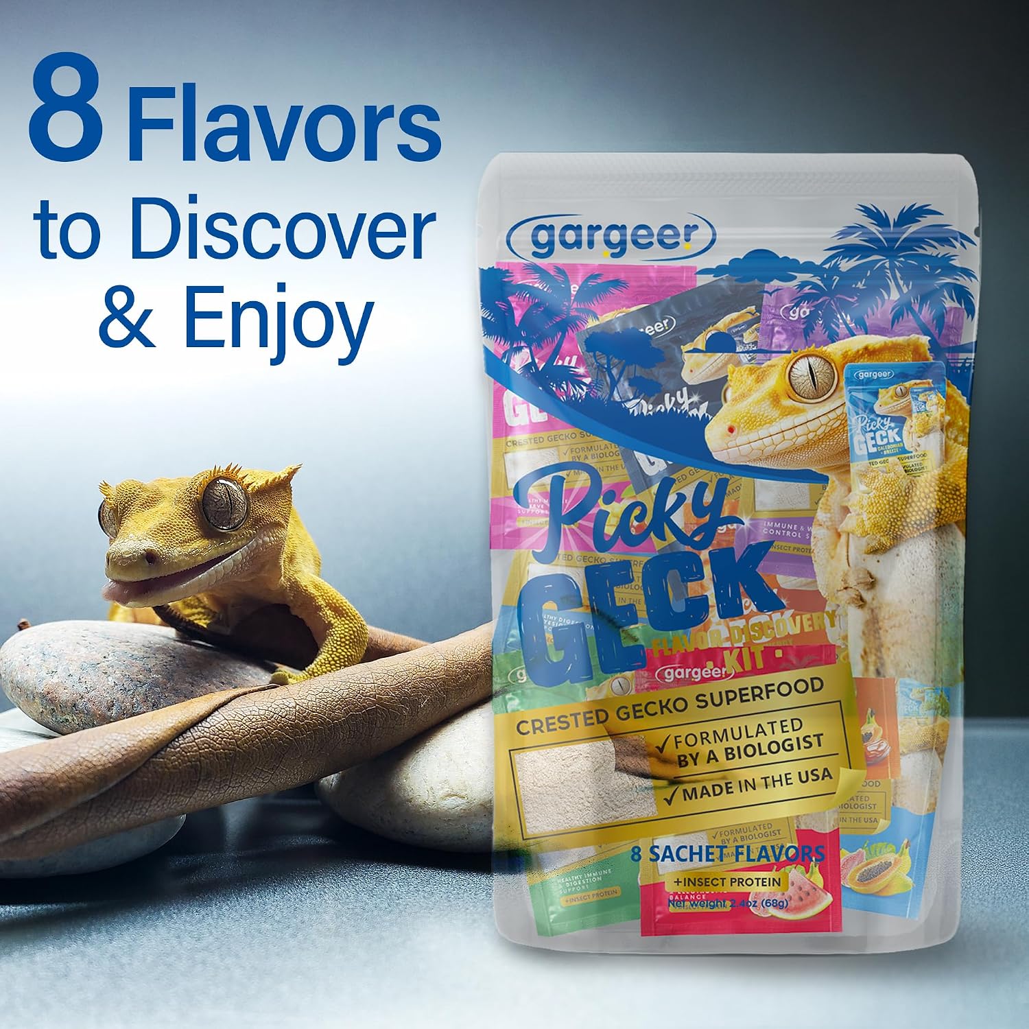Gargeer Picky Geck Real Fruit & Insect Protein 8 Flavors Sachet Gecko Discovery Kit 2.4oz bag
