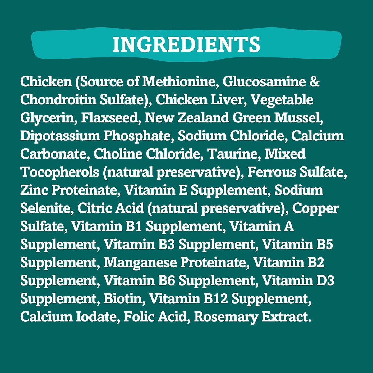 Ingredient list graphic for RawTernative air-dried chicken dog food with chicken liver, mussel, flaxseed, and vitamins
