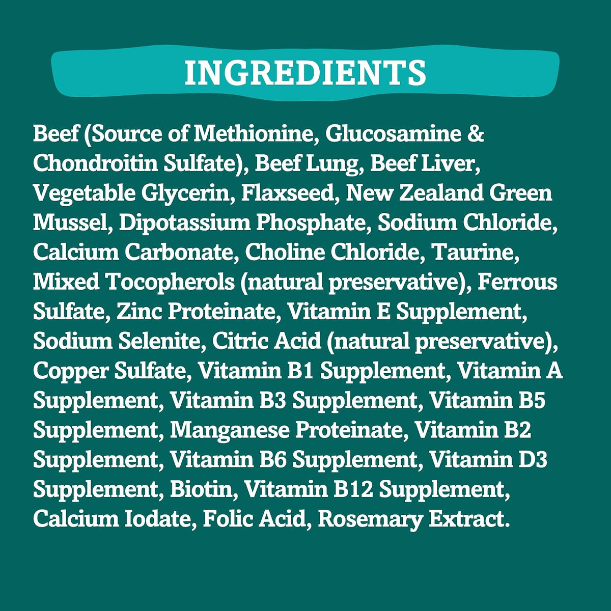 Air-dried beef dog food ingredient panel listing beef, organs, New Zealand green mussel, flaxseed, and vitamins.