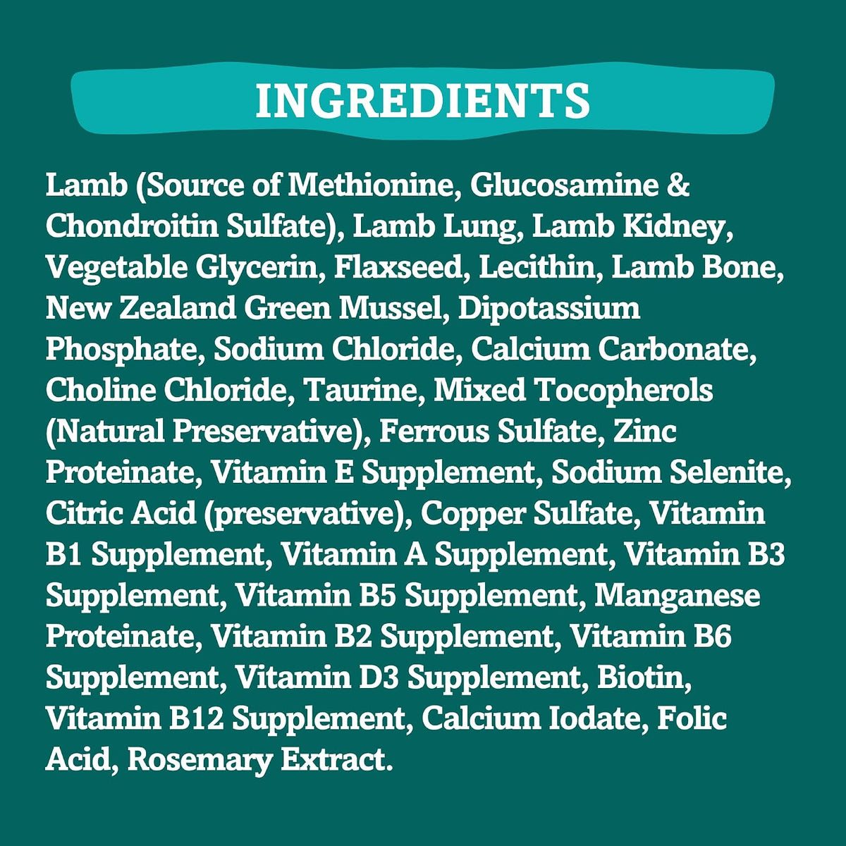 Ingredient panel listing lamb, lamb organs, New Zealand green mussel, flaxseed, vitamins, and minerals in air dried dog food.