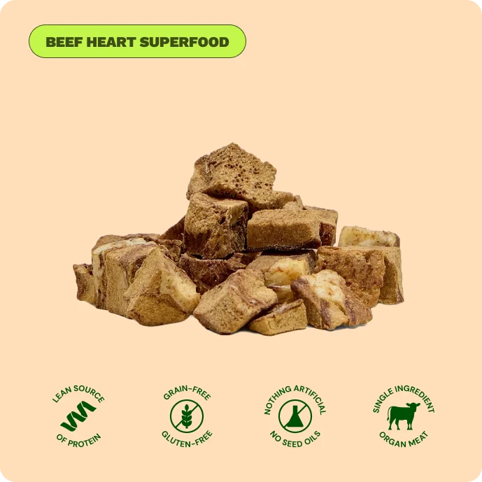 Freeze-dried beef heart dog treats with icons for grain-free, no seed oils, and single ingredient.