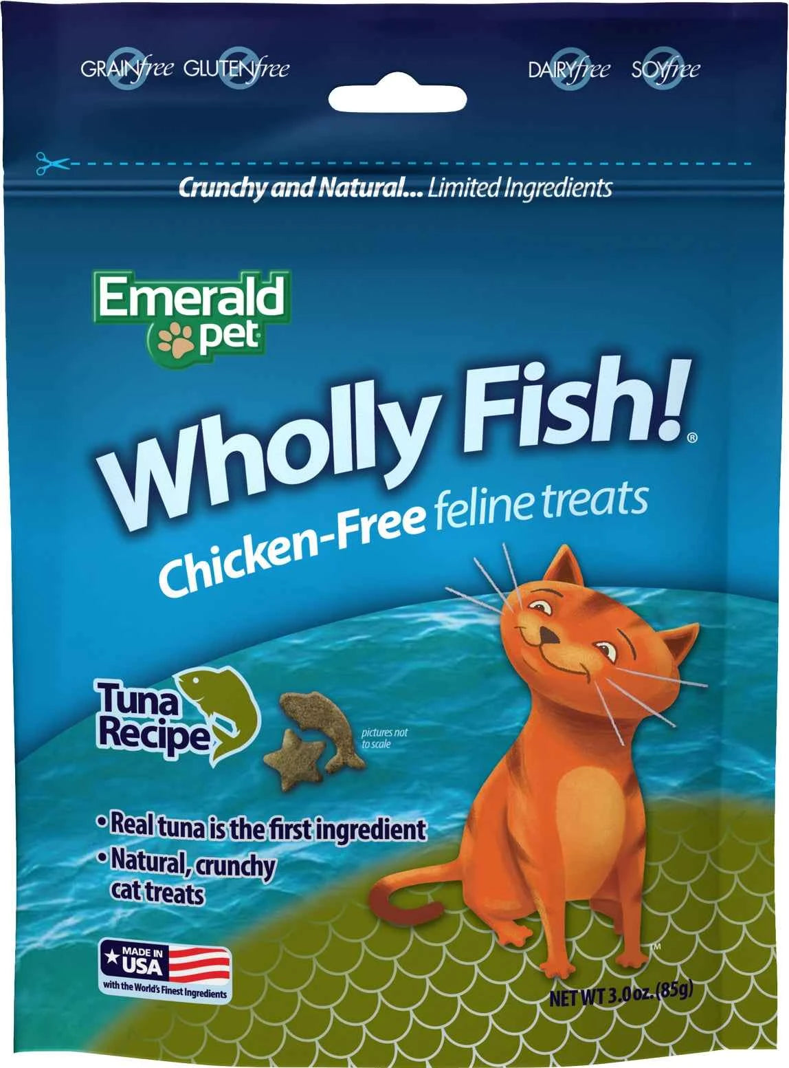 A 3-ounce bag of Emerald Pet Wholly Fish! Tuna Recipe chicken-free crunchy cat treats.
