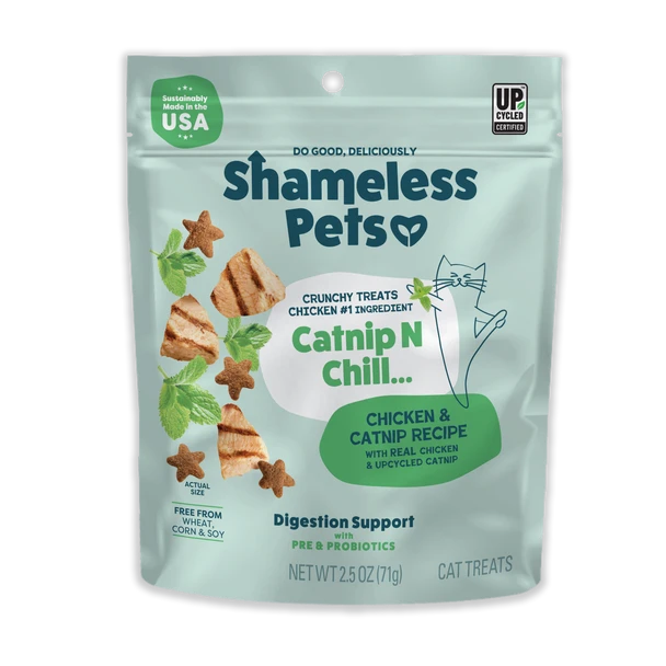 Shameless Pets Catnip Crunchy Cat Treats package featuring a cat illustration, chicken treats, and a green background.