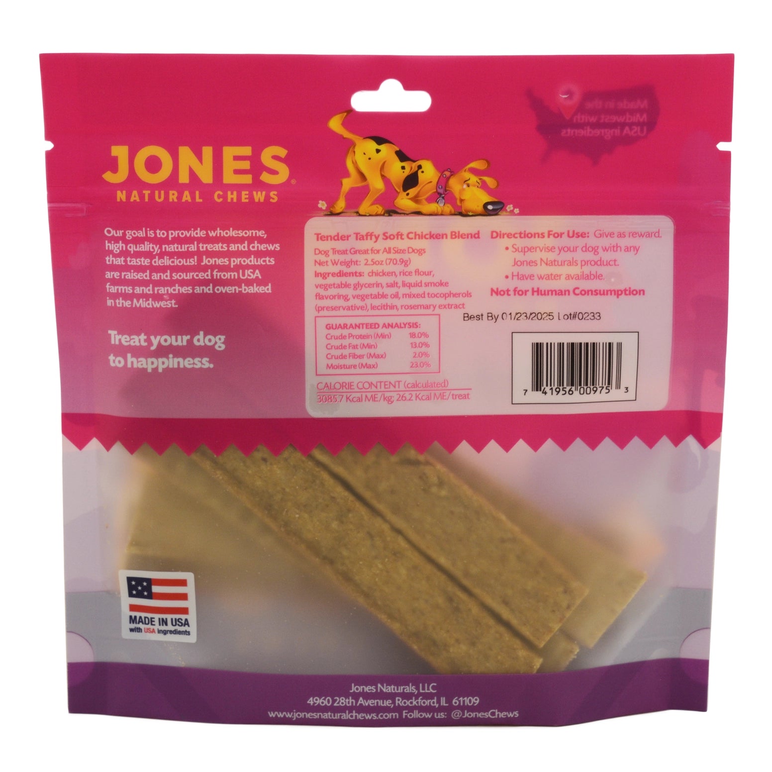 Back of Jones Natural Chews Soft Chicken Dog Treats bag showing ingredients and nutritional info.