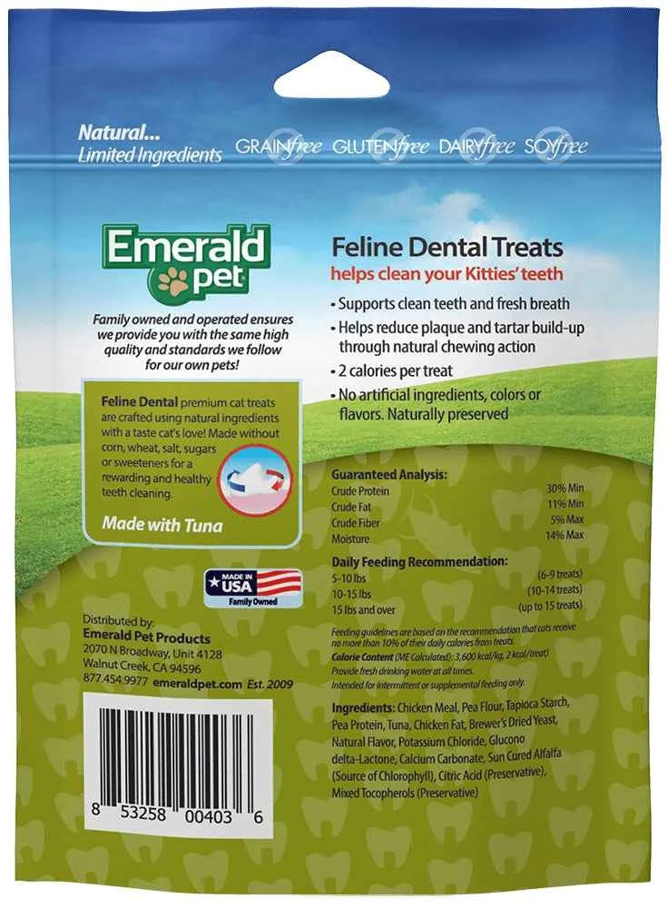 Back of a 3 oz bag of Emerald Pet Feline Dental Grain-Free Cat Treats showing ingredients and facts.