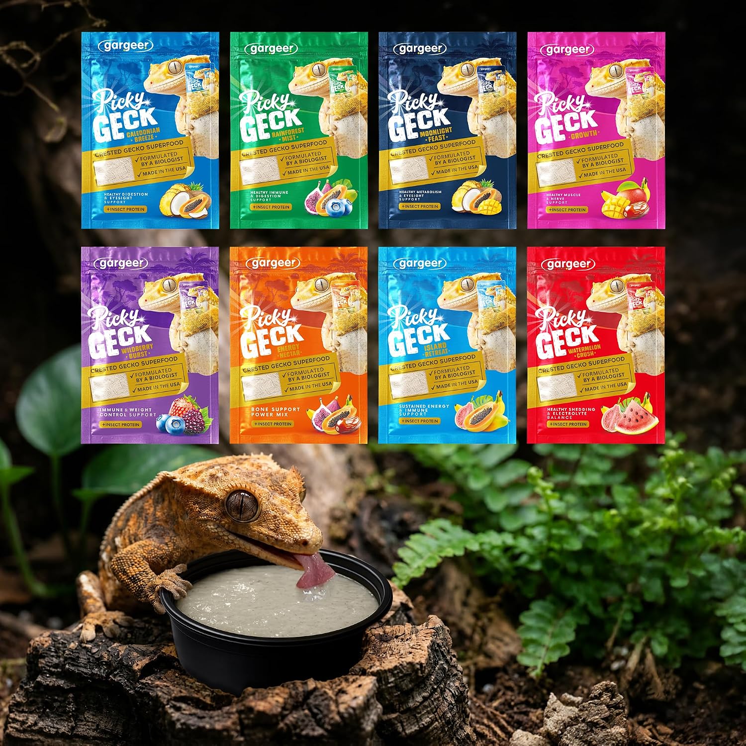 Gargeer Picky Geck Real Fruit & Insect Protein 8 Flavors Sachet Gecko Discovery Kit 2.4oz bag