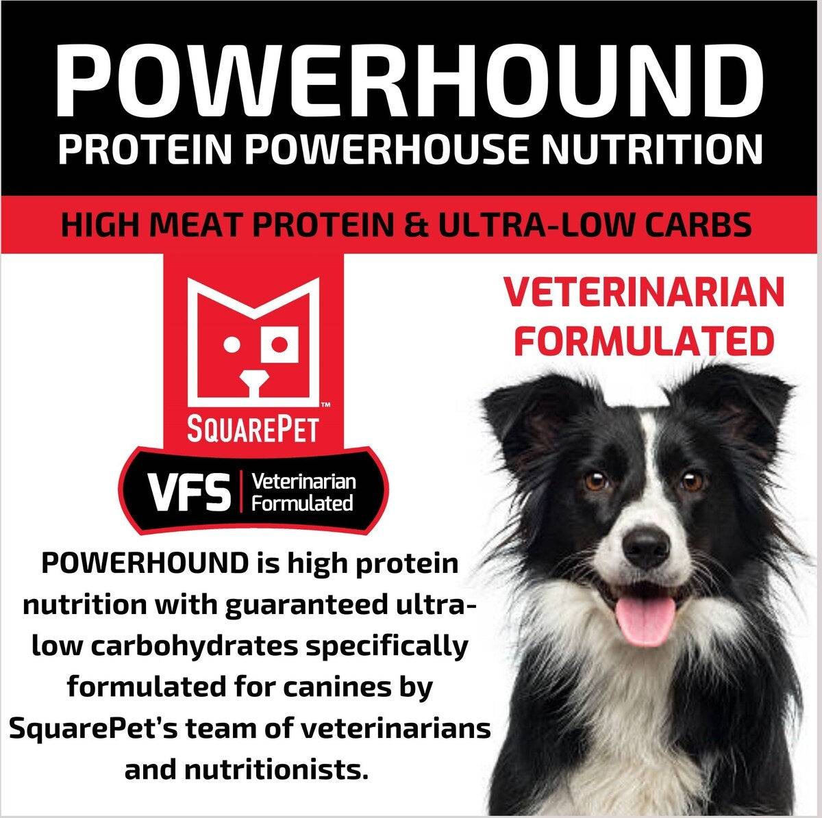 Close-up of SquarePet VFS PowerHound dry dog food bag highlighting high protein, vet-formulated, red meat flavor, and 22 lb weight